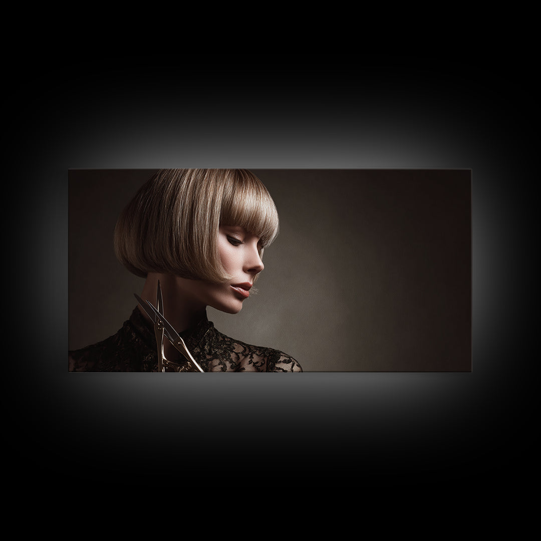 Woman with Dramatic Bob Haircut in Art Framed Canvas Print, Hair Salon Art, Black and White Art, Living Room Decor, Style, HSA-2x1-96