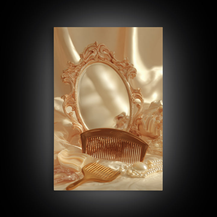 Baroque Mirror and Comb Still Life Framed Canvas Print, Hair Salon Art, Wall Art, Living Room Decor, Fine Art, Style, HSA-2x3-1