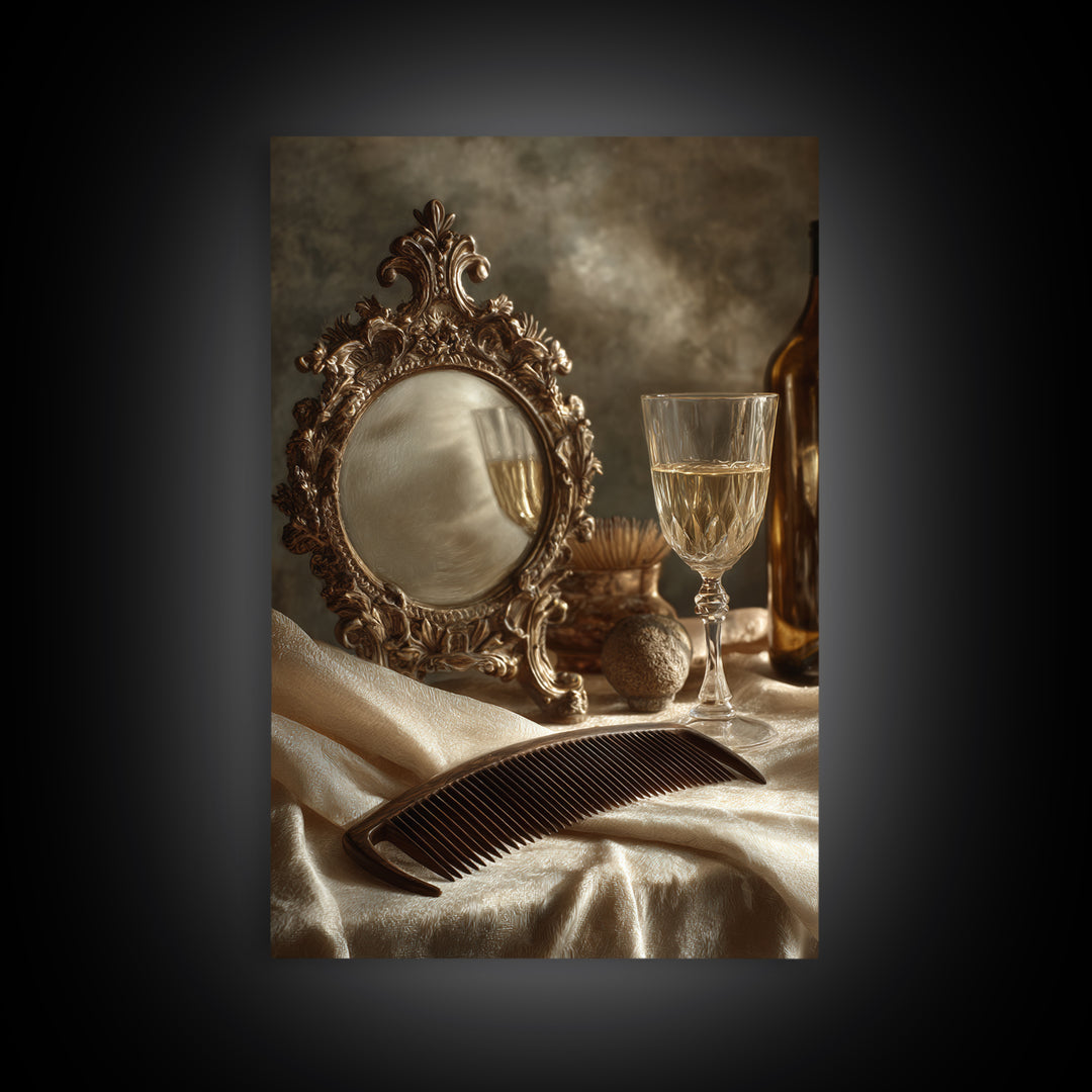 Baroque Mirror and Comb Still Life Framed Canvas Print, Hair Salon Art, Wall Art, Living Room Decor, Fine Art, Style, HSA-2x3-25
