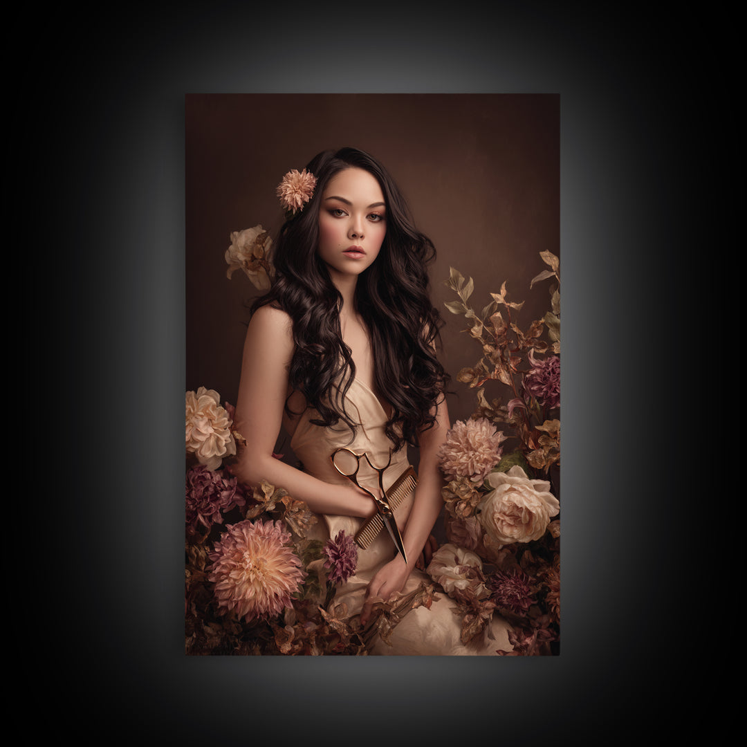 Makeup Palette and Flowers Arrangement Framed Canvas Print, Hair Salon Art, Statement Artwork, Living Room Decor, Style, HSA-2x3-26