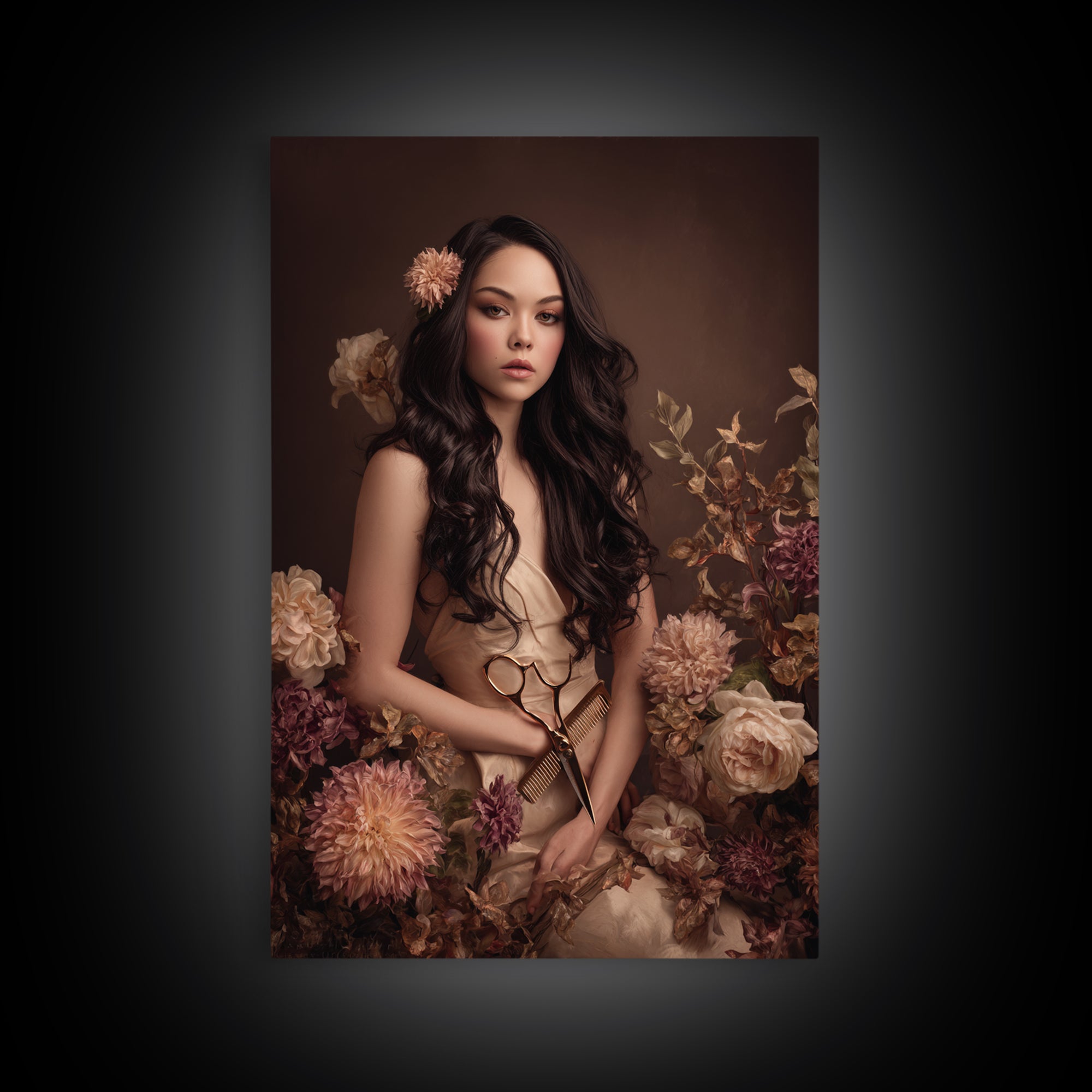 Makeup Palette and Flowers Arrangement Framed Canvas Print, Hair Salon Art, Statement Artwork, Living Room Decor, Style, HSA-2x3-26