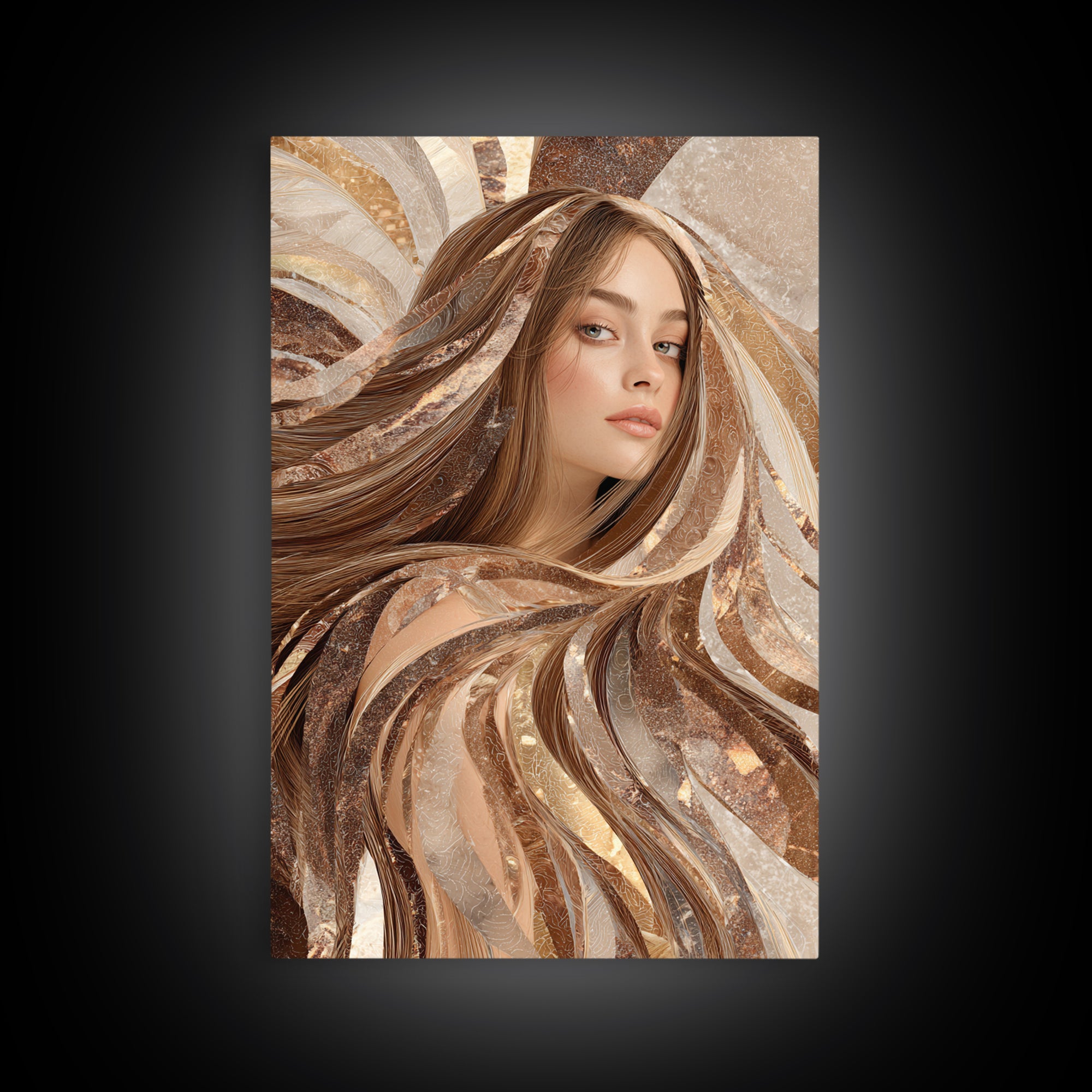Fashion Portrait with Flowing Glossy Hair Framed Canvas Print, Hair Salon Art, Metal Wall Art, Living Room Decor, Style, HSA-2x3-33