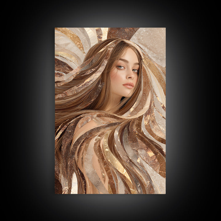 Fashion Portrait with Flowing Glossy Hair Framed Canvas Print, Hair Salon Art, Metal Wall Art, Living Room Decor, Style, HSA-2x3-33