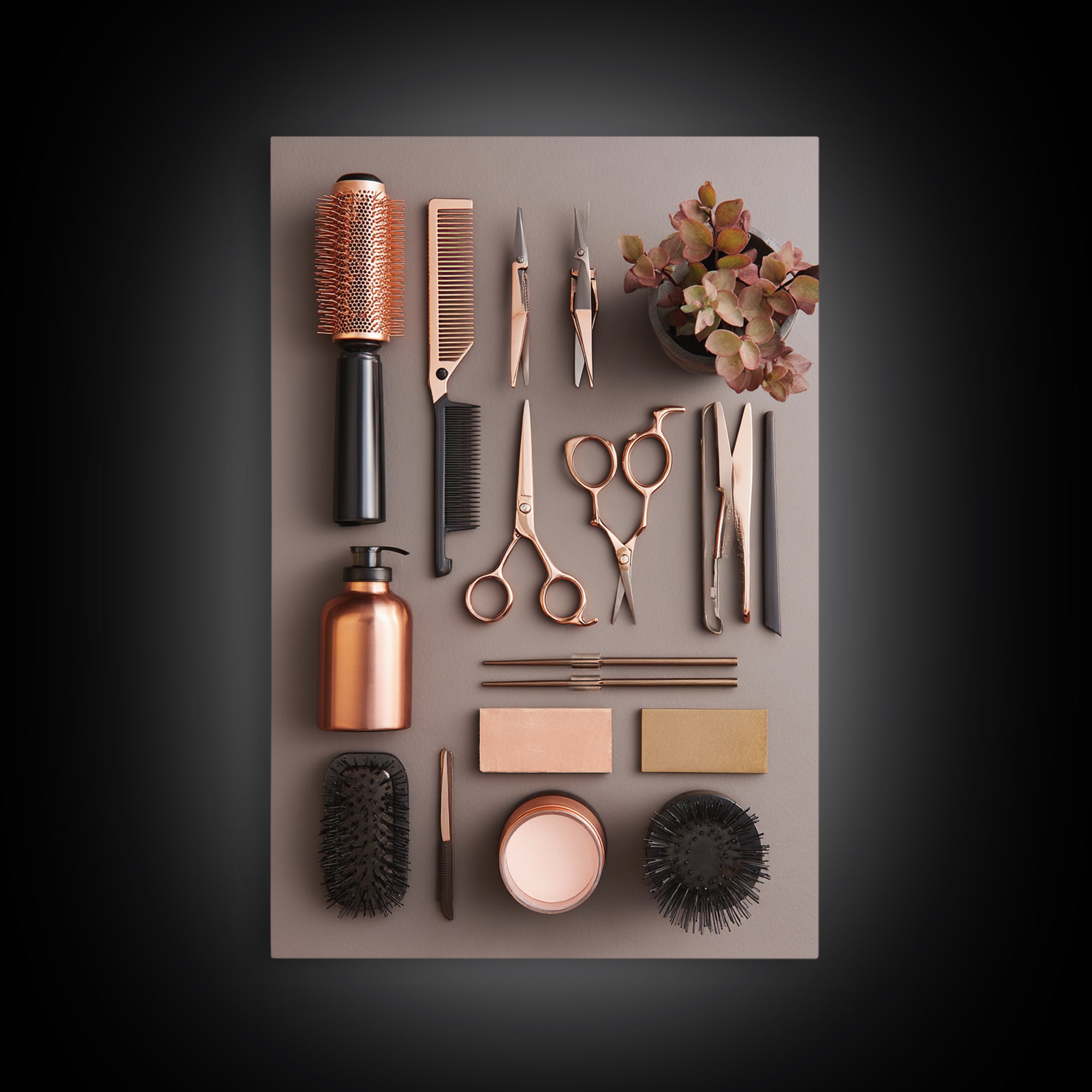 Rose Gold Salon Tool Still Life Framed Canvas Print, Hair Salon Art, Textured Painting, Living Room Decor, Fine Art, Style, HSA-2x3-46