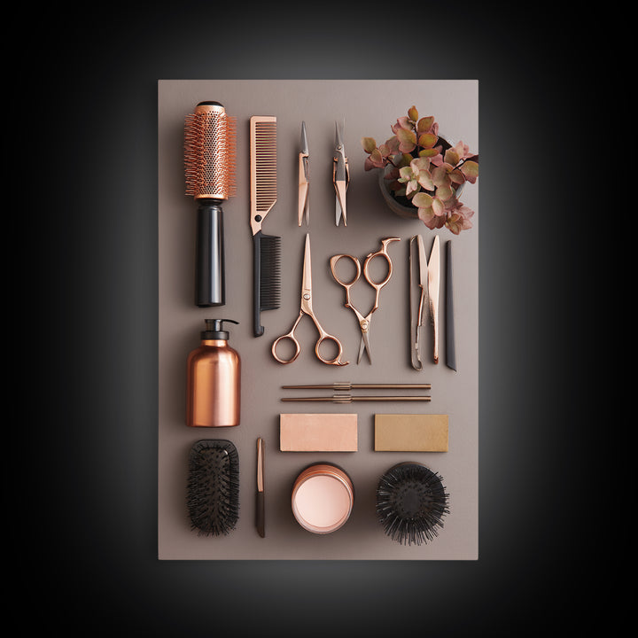 Rose Gold Salon Tool Still Life Framed Canvas Print, Hair Salon Art, Textured Painting, Living Room Decor, Fine Art, Style, HSA-2x3-46