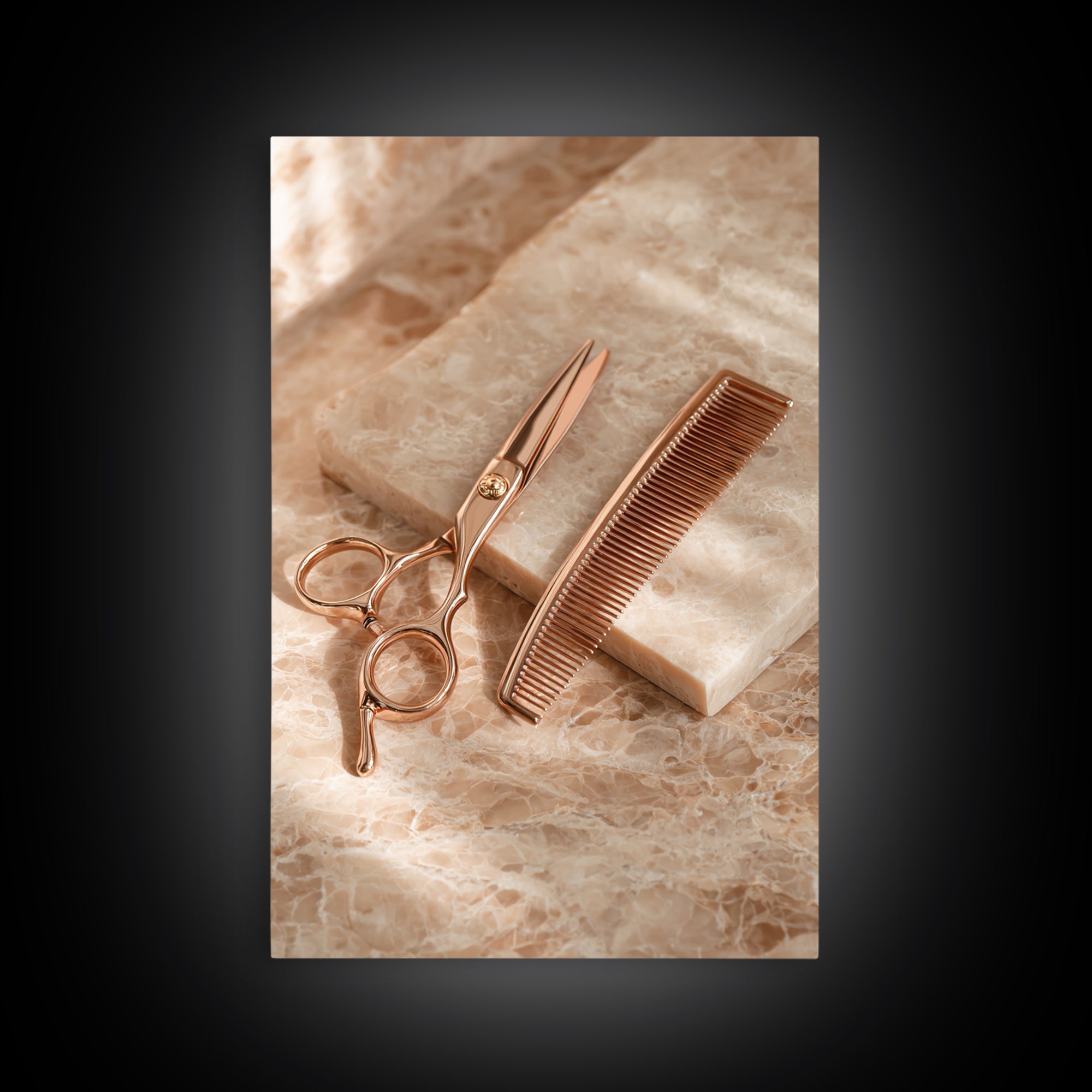 Gold Scissors and Comb Still Life on Canvas Print, Hair Salon Art, Art Print, Living Room Decor, Style, Black Owned Art, HSA-2x3-58