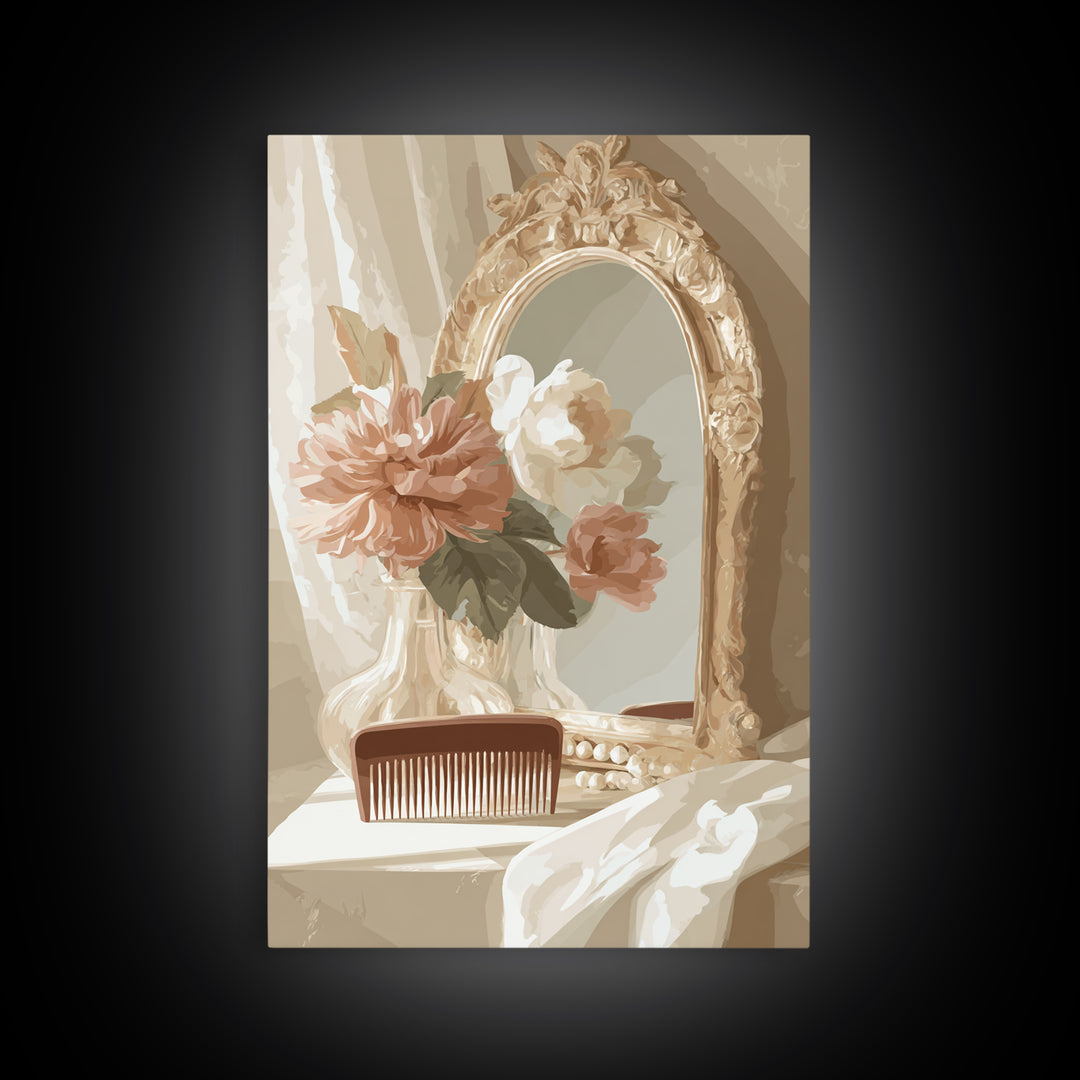 Baroque Mirror and Comb Still Life Framed Canvas Print, Hair Salon Art, Modern Art, Living Room Decor, Fine Art, Style, HSA-2x3-73