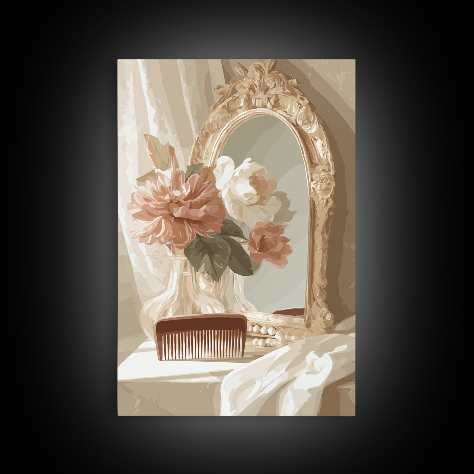Baroque Mirror and Comb Still Life Framed Canvas Print, Hair Salon Art, Modern Art, Living Room Decor, Fine Art, Style, HSA-2x3-73