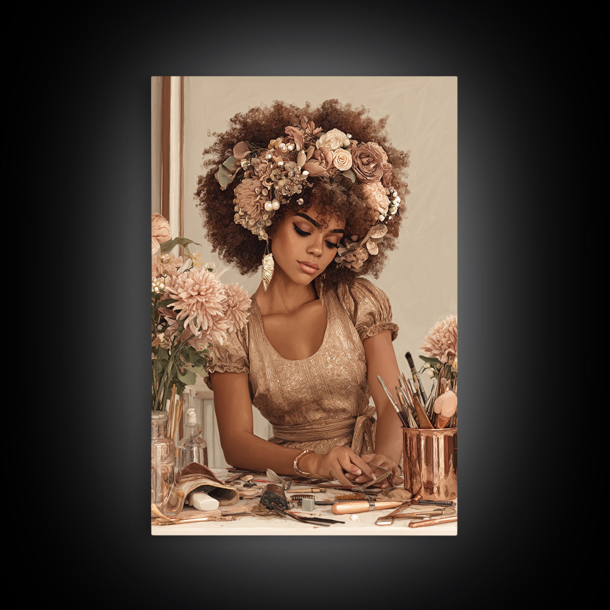 Afro Hair Portrait Framed Canvas Print, Hair Salon Art, African Art, Living Room Decor, Fine Art, Style, Girls Room Decor, HSA-2x3-76