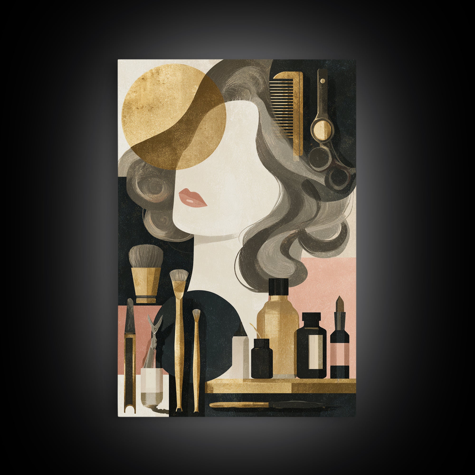 Luxury Black and Gold Beauty Emblem Framed Canvas Print, Hair Salon Art, Living Room Decor, Watercolor Art, Style, HSA-2x3-80