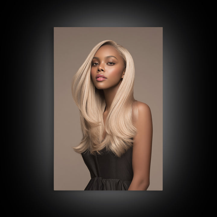 Fashion Portrait with Flowing Glossy Hair Canvas Print, Hair Salon Art, African American Art, Living Room Decor, Style, HSA-2x3-81