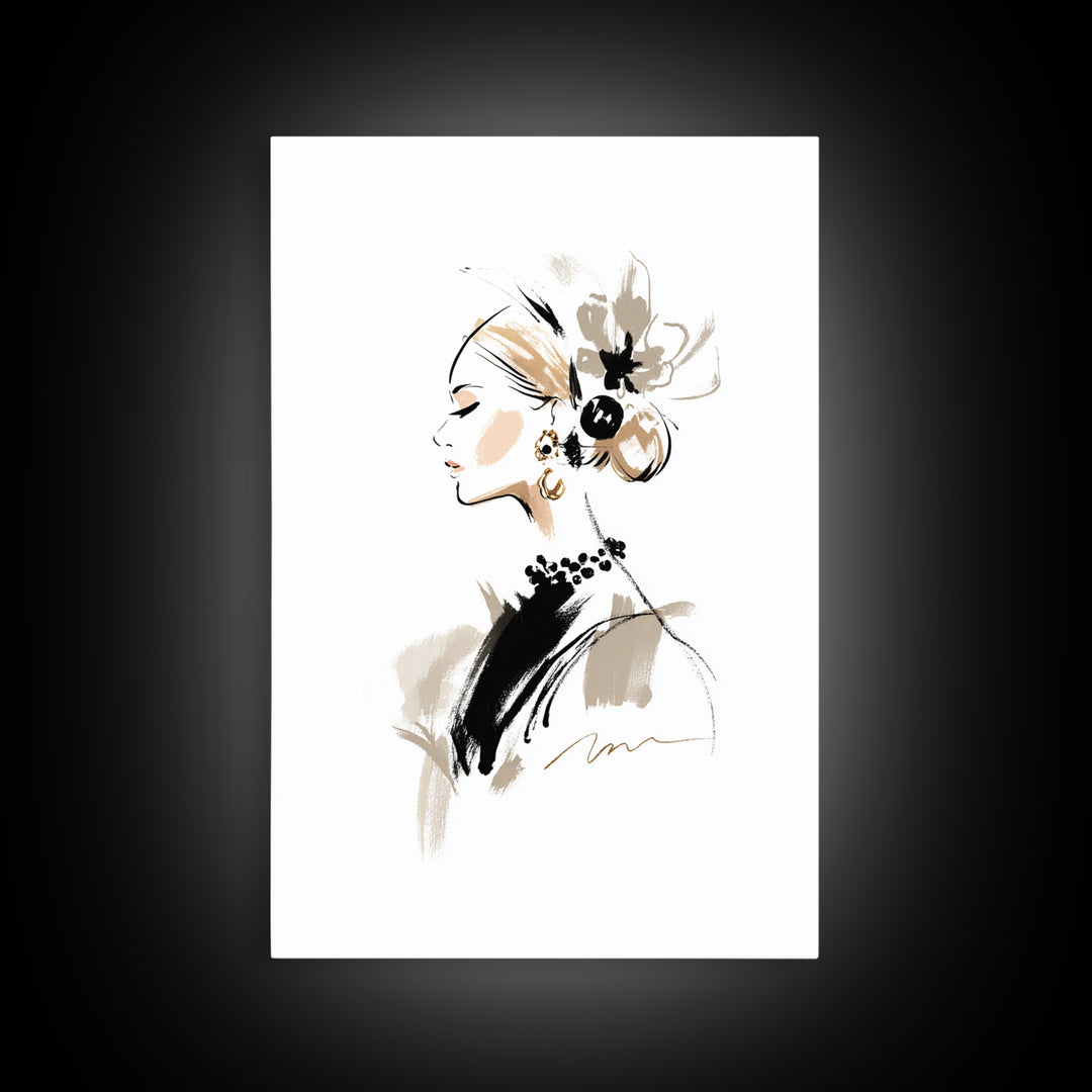 Black and White Line Art Salon Figure Framed Canvas Print, Hair Salon Art, African Art, Living Room Decor, Fine Art, Style, HSA-2x3-87