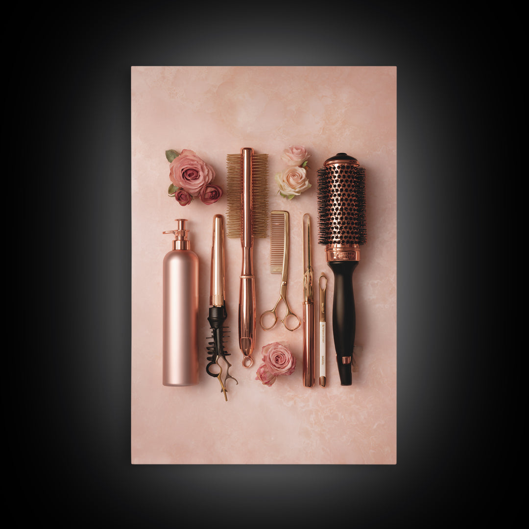 Rose Gold Salon Tool Still Life Framed Canvas Print, Hair Salon Art, Metal Wall Art, Living Room Decor, Fine Art, Style, HSA-2x3-94