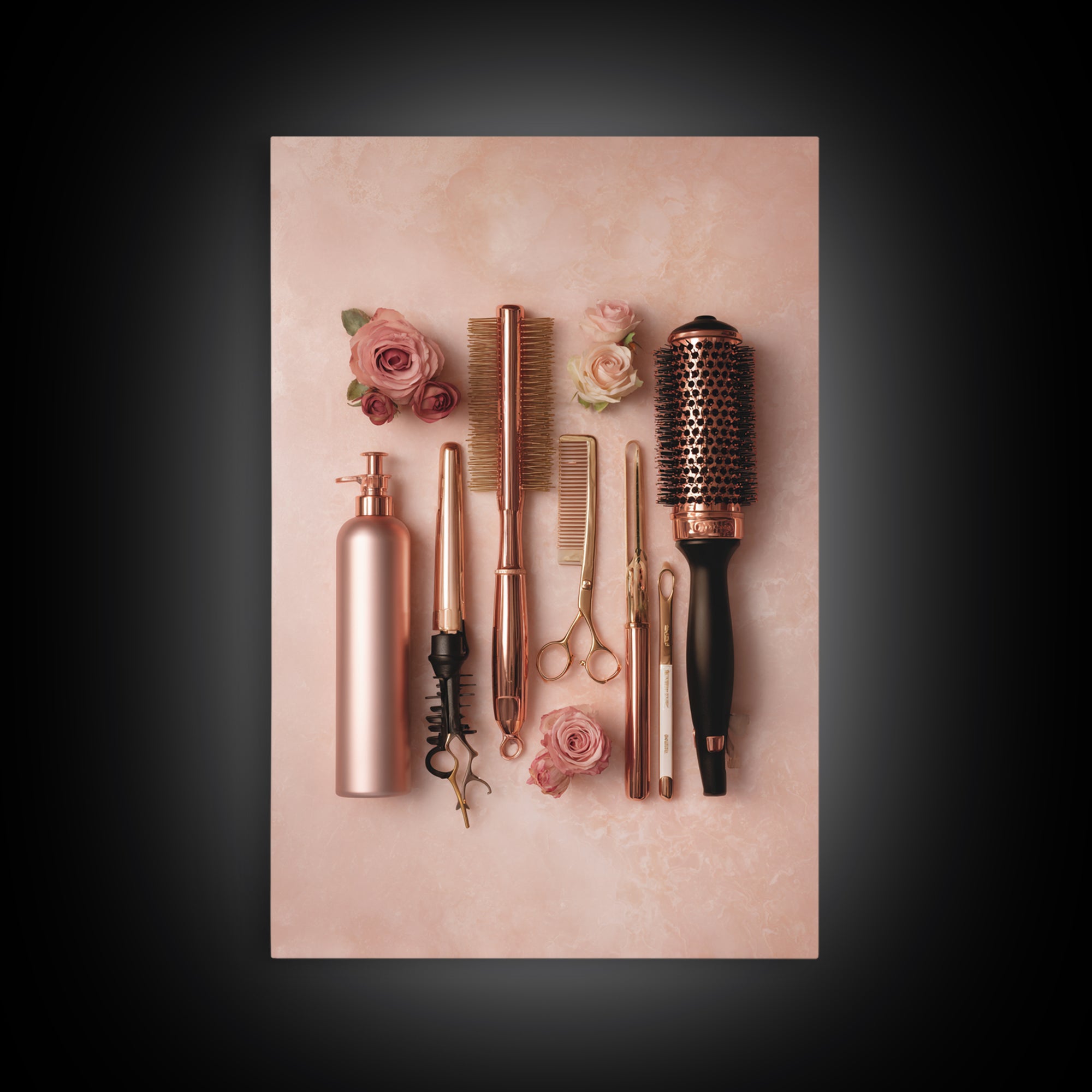 Rose Gold Salon Tool Still Life Framed Canvas Print, Hair Salon Art, Metal Wall Art, Living Room Decor, Fine Art, Style, HSA-2x3-94