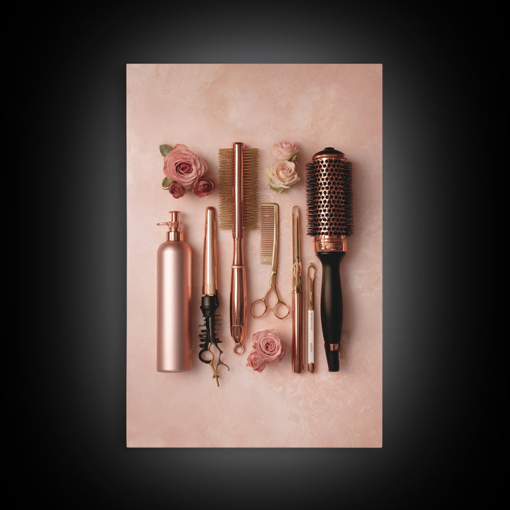 Rose Gold Salon Tool Still Life Framed Canvas Print, Hair Salon Art, Metal Wall Art, Living Room Decor, Fine Art, Style, HSA-2x3-94