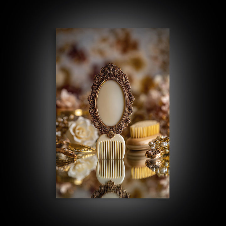 Baroque Mirror and Comb Still Life Framed Canvas Print, Hair Salon Art, Modern Art, Living Room Decor, Fine Art, Style, HSA-2x3-97