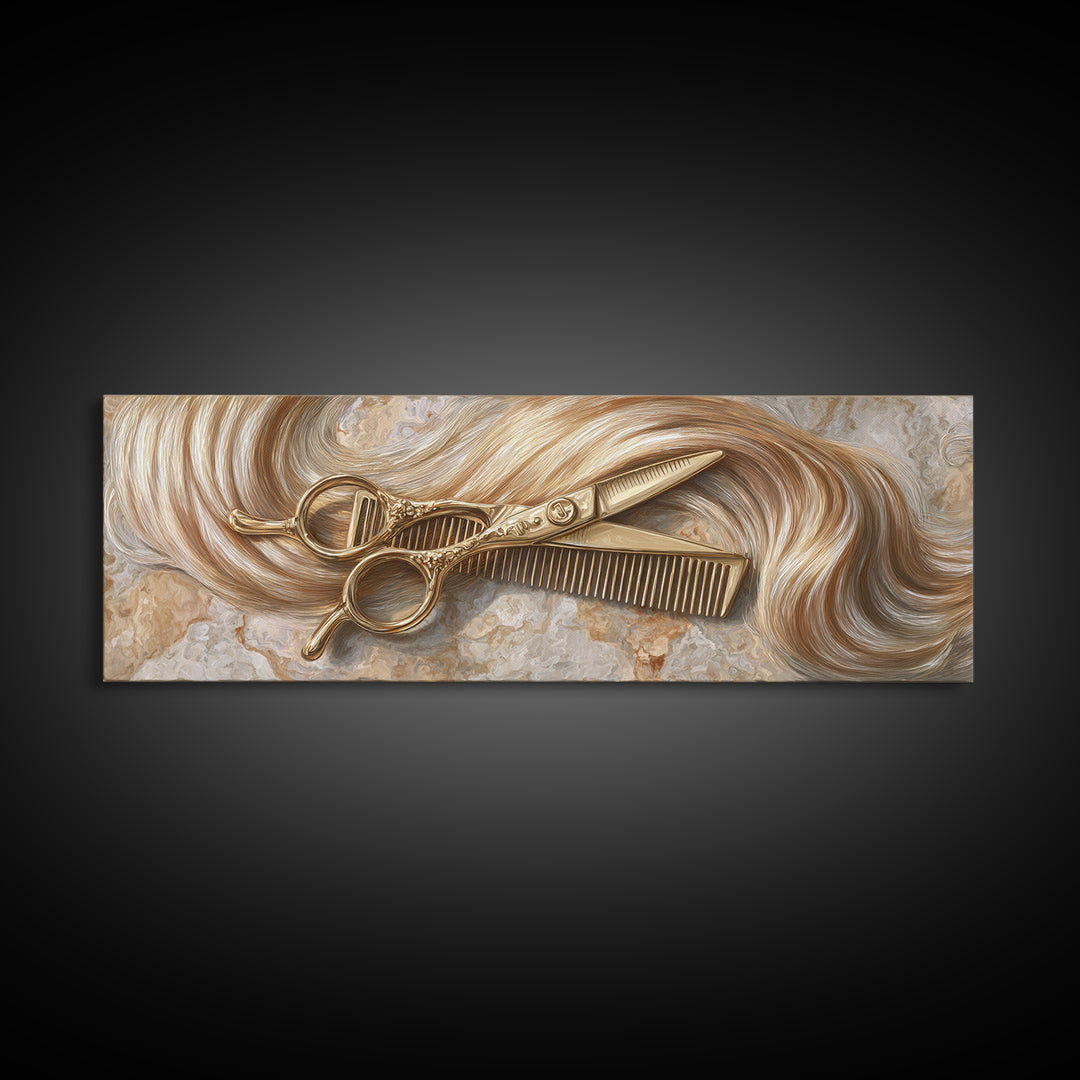 Gold Scissors and Comb Still Life on Framed Canvas Print, Hair Salon Art, Black Art, Living Room Decor, Fine Art, Style, HSA-3x1-18