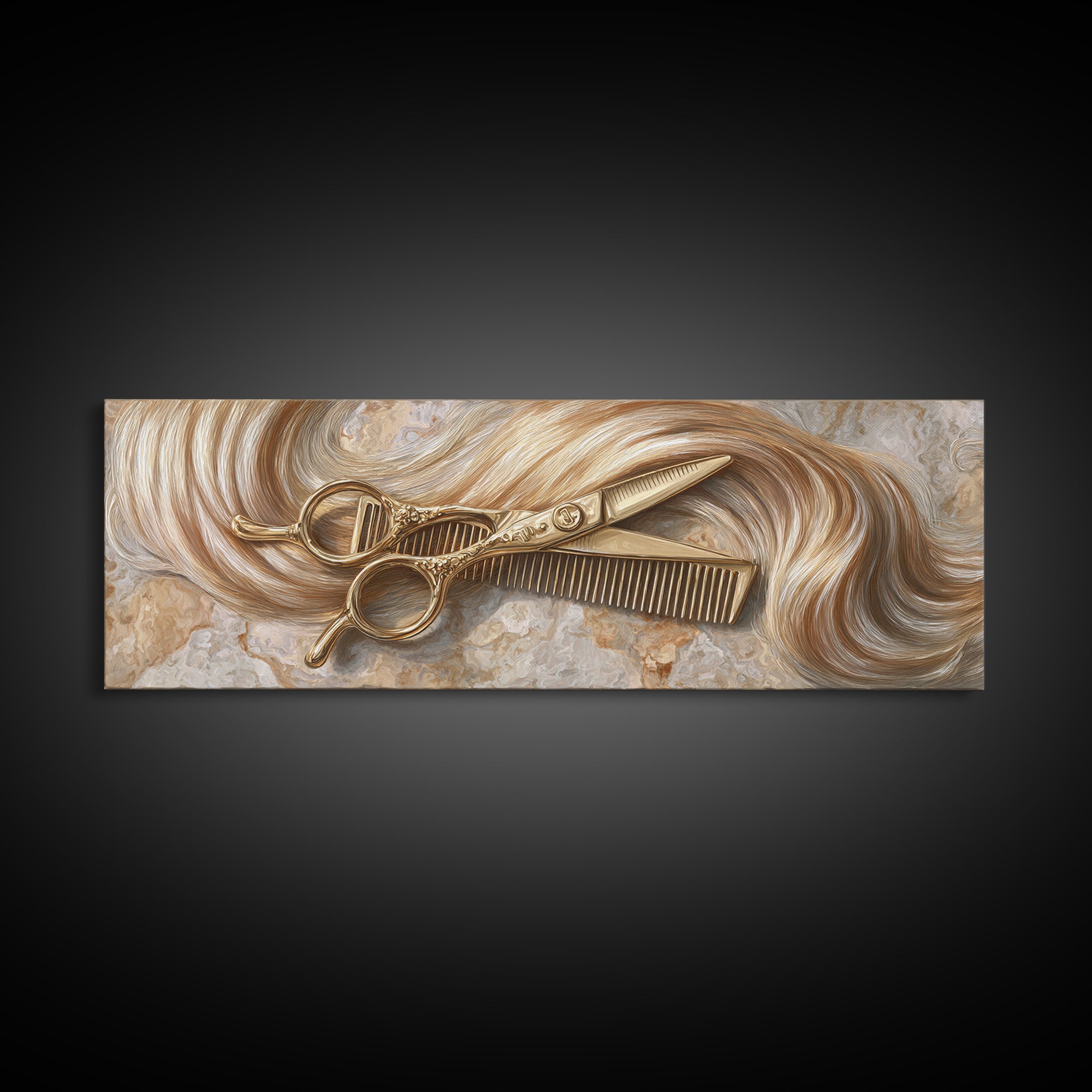 Gold Scissors and Comb Still Life on Framed Canvas Print, Hair Salon Art, Black Art, Living Room Decor, Fine Art, Style, HSA-3x1-18