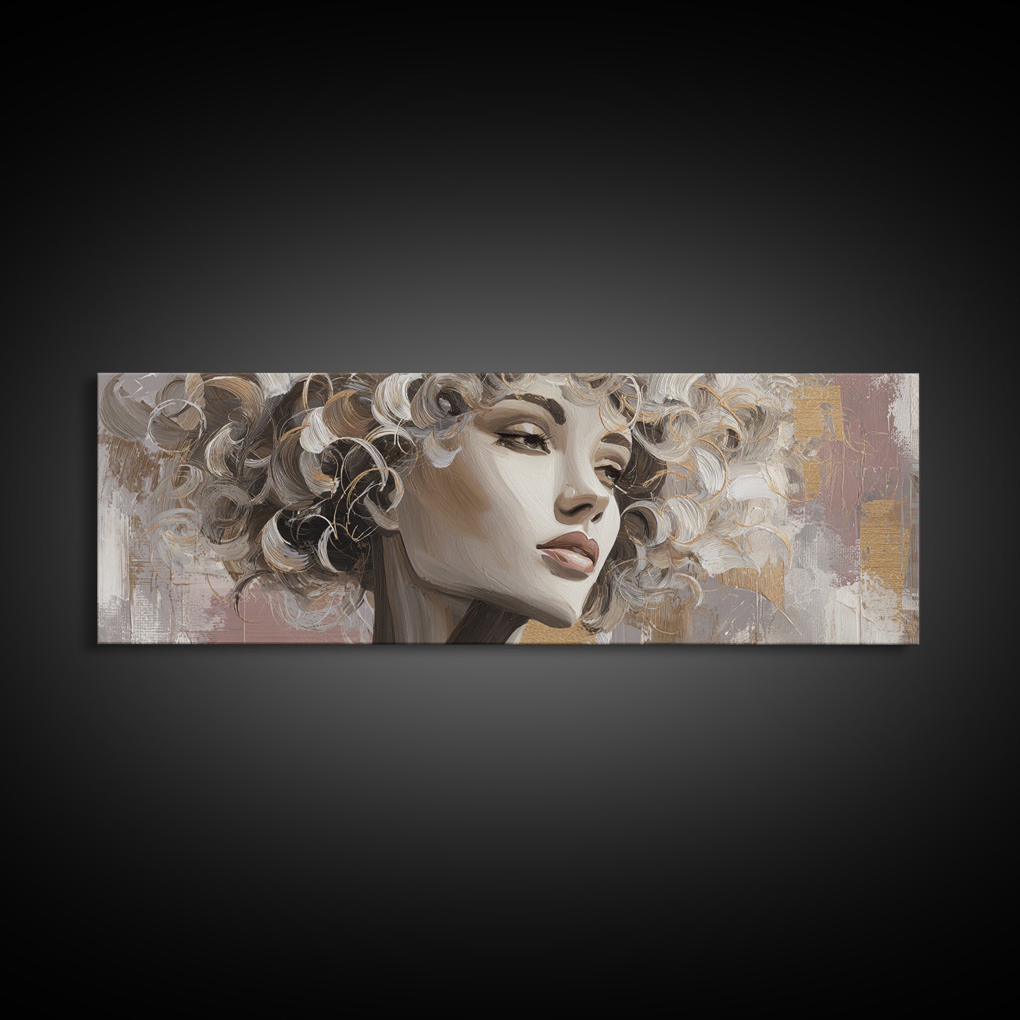 Curly Hair Portrait Framed Canvas Print, Hair Salon Art, Contemporary Art, Living Room Decor, Fine Art, Style, Modern Art, HSA-3x1-55
