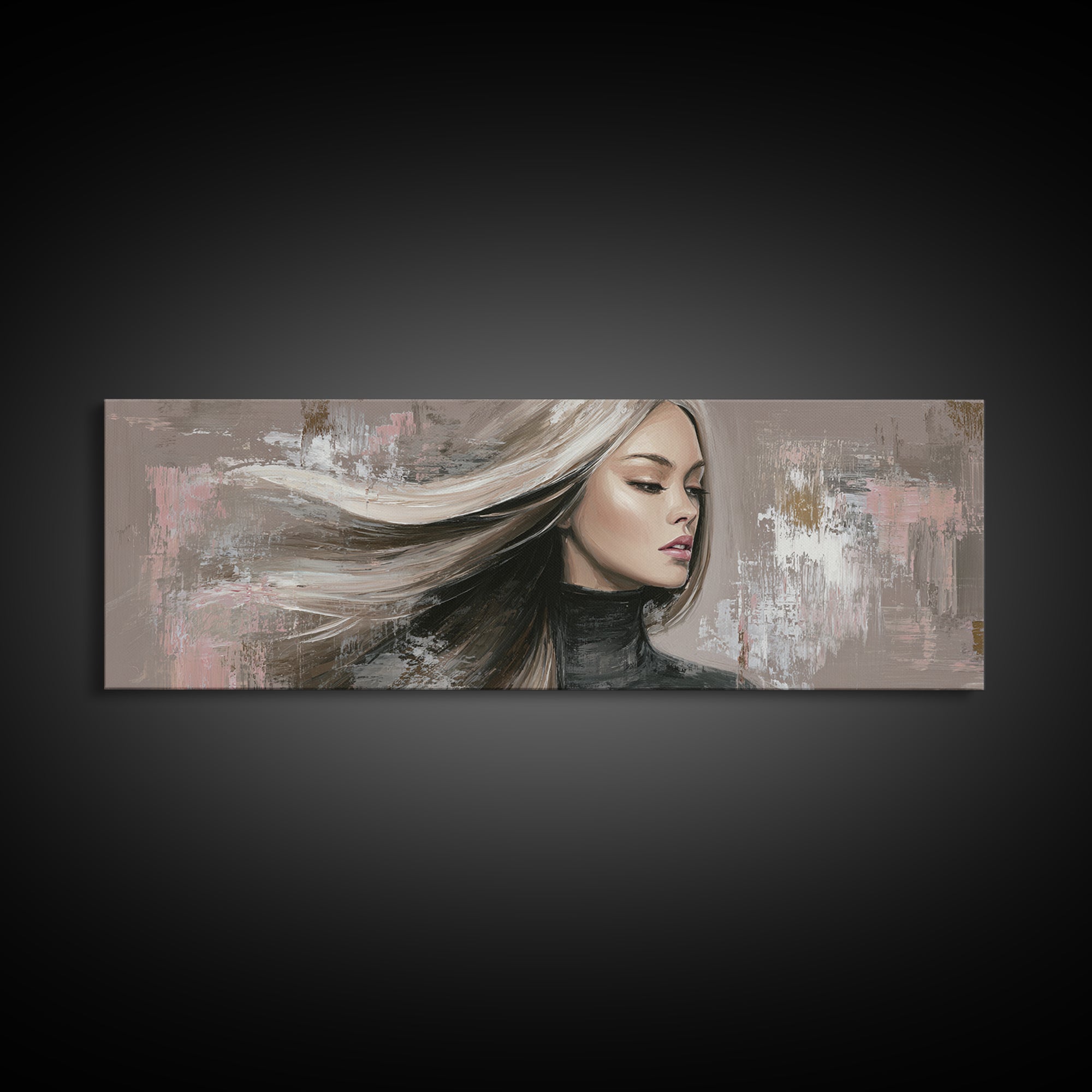 Fashion Portrait with Flowing Glossy Hair Canvas Print, Hair Salon Art, Afrocentric Art, Living Room Decor, Fine Art, Style, HSA-3x1-65