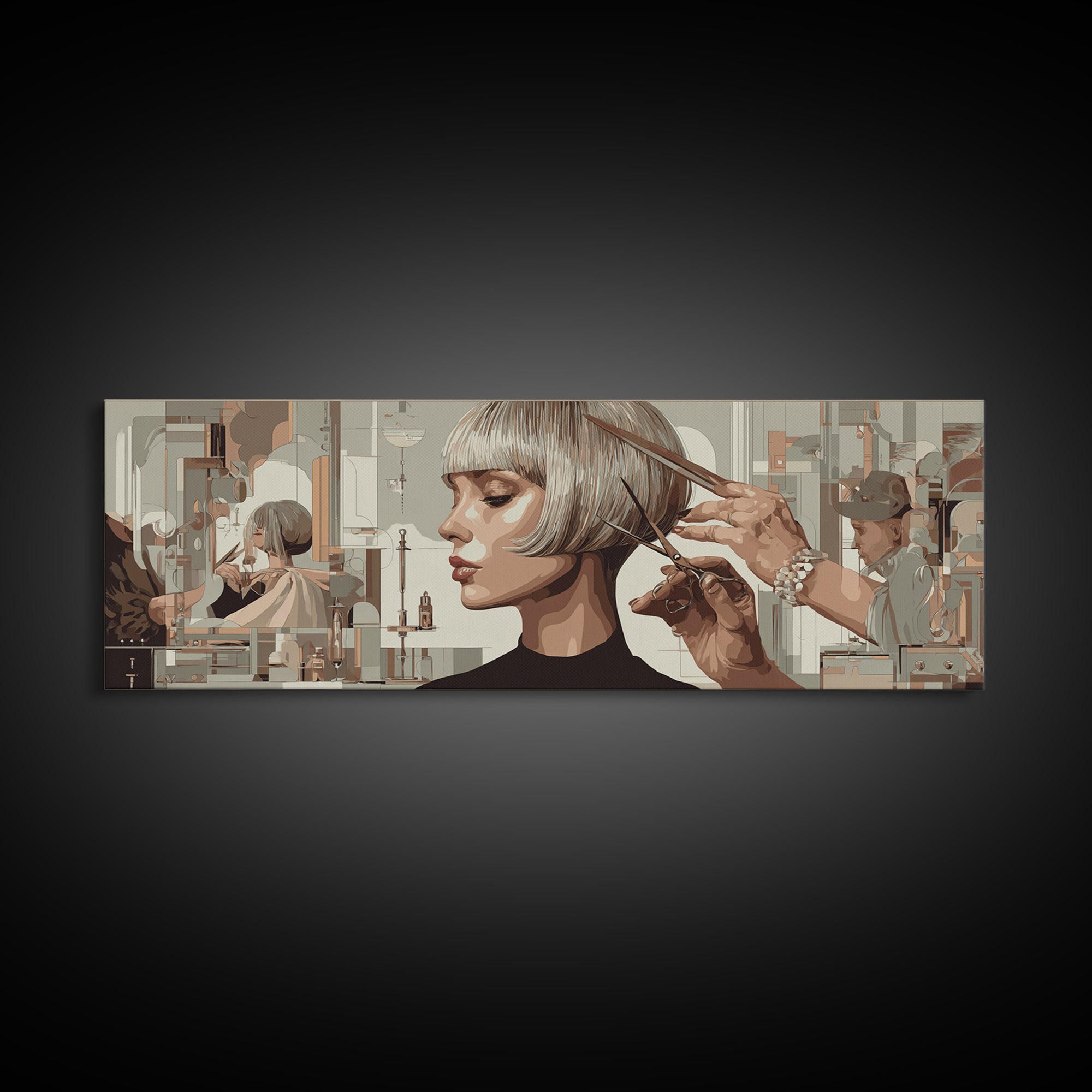 Woman with Dramatic Bob Haircut in Art Framed Canvas Print, Hair Salon Art, Contemporary Art, Living Room Decor, Style, HSA-3x1-68