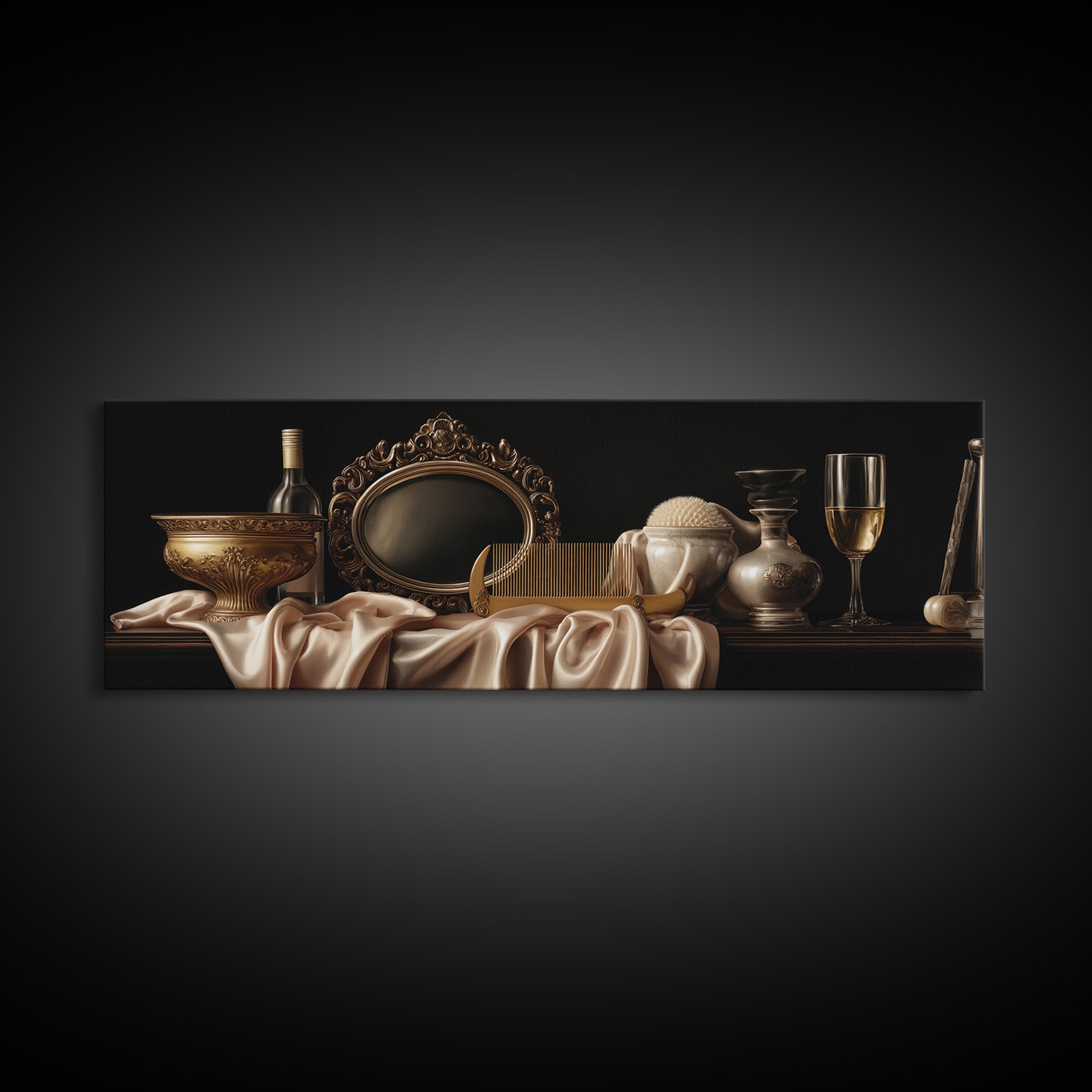 Baroque Mirror and Comb Still Life Framed Canvas Print, Hair Salon Art, Black Girl Art, Living Room Decor, Fine Art, Style, HSA-3x1-81