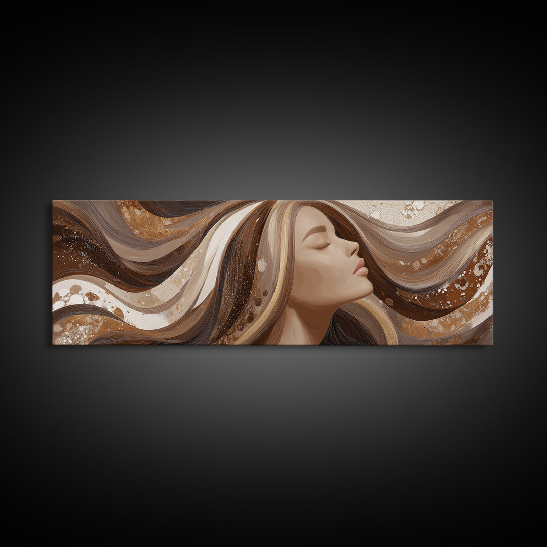 Fashion Portrait with Flowing Glossy Hair Framed Canvas Print, Hair Salon Art, Salon, Living Room Decor, Fine Art, Style, HSA-3x1-89