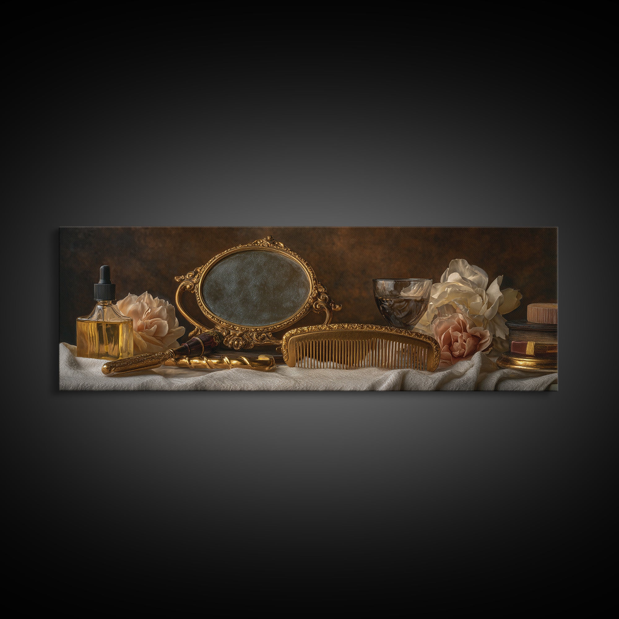 Baroque Mirror and Comb Still Life Framed Canvas Print, Hair Salon Art, Printable Art, Living Room Decor, Fine Art, Style, HSA-3x1-9