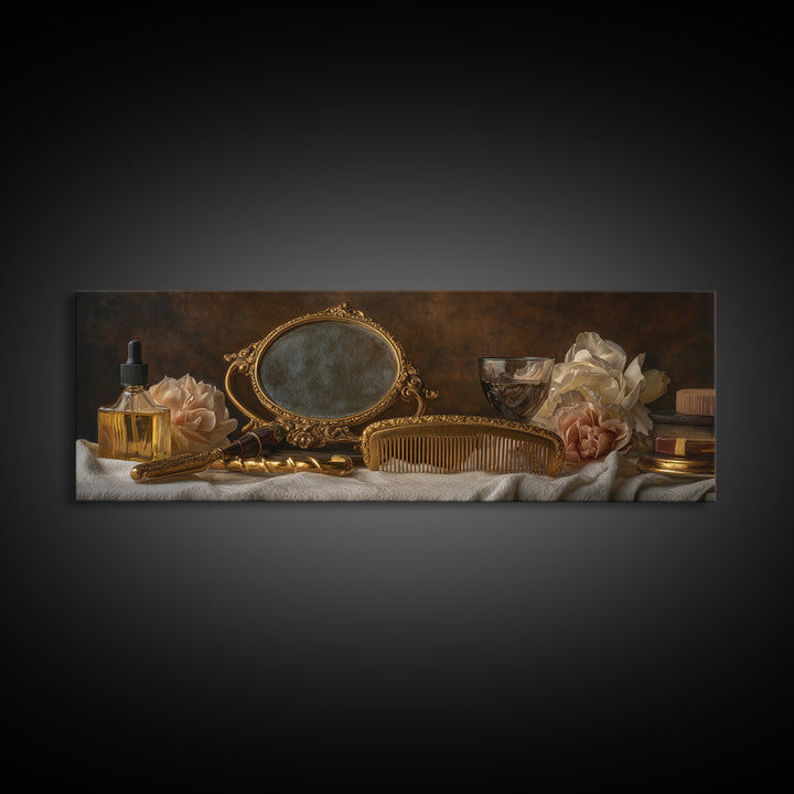 Baroque Mirror and Comb Still Life Framed Canvas Print, Hair Salon Art, Printable Art, Living Room Decor, Fine Art, Style, HSA-3x1-9