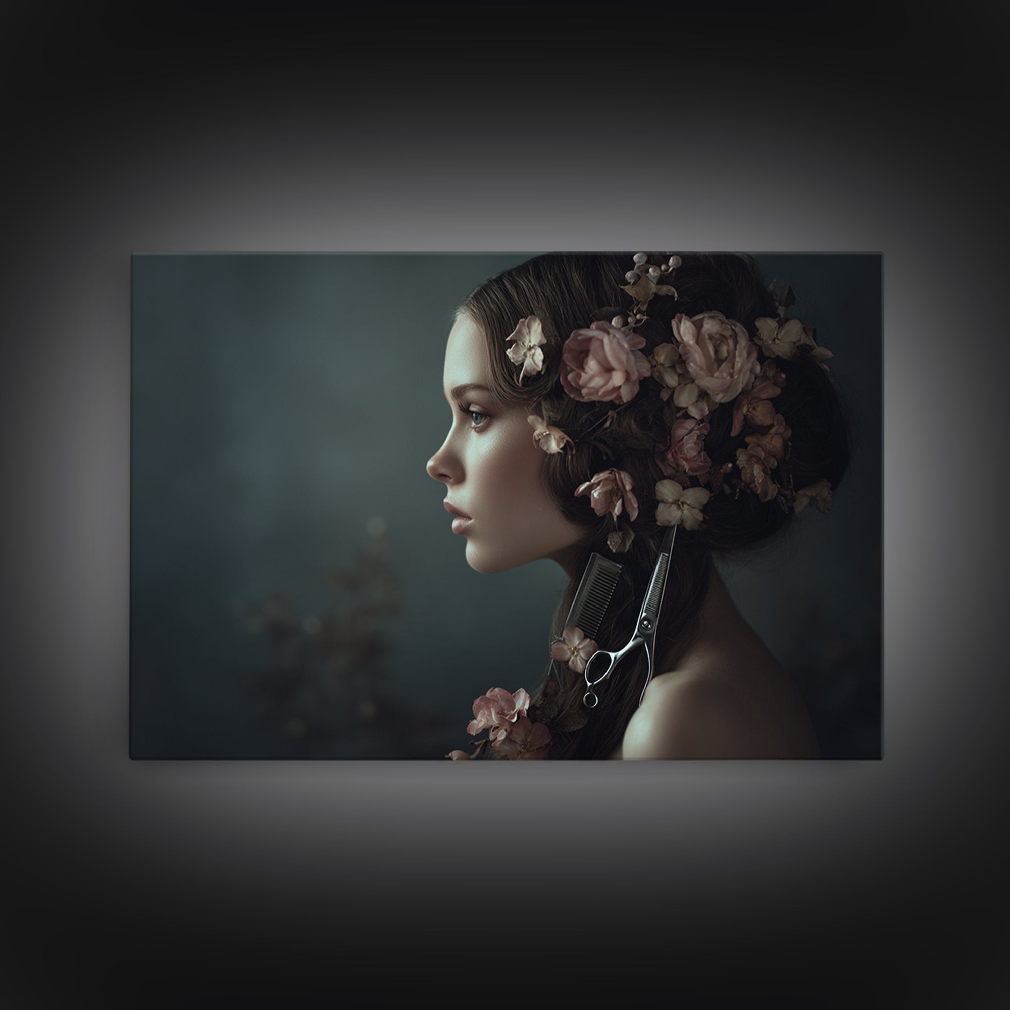 Botanical Hairstyle Portrait Framed Canvas Print, Hair Salon Art, Modern Art, Living Room Decor, Oil Painting, Style, HSA-3x2-10