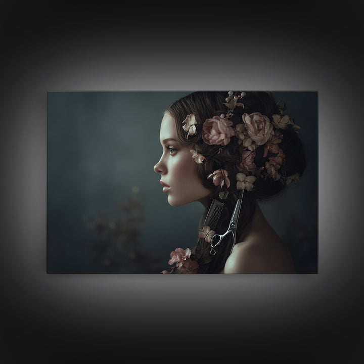 Botanical Hairstyle Portrait Framed Canvas Print, Hair Salon Art, Modern Art, Living Room Decor, Oil Painting, Style, HSA-3x2-10