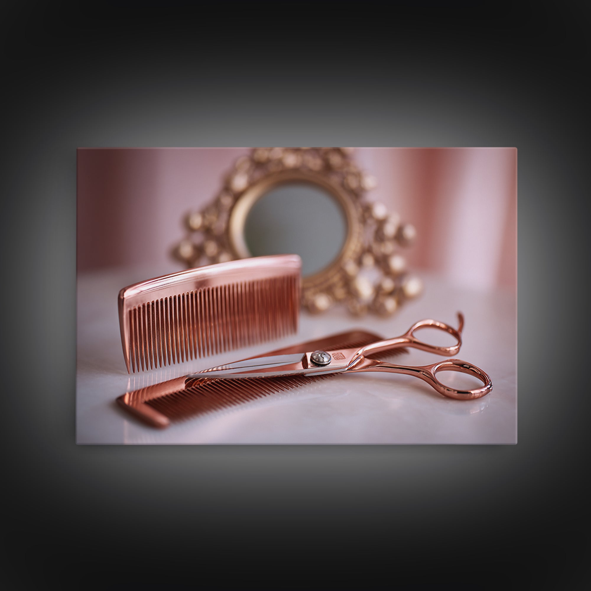 Rose Gold Salon Tool Still Life Framed Canvas Print, Hair Salon Art, Metal Wall Art, Living Room Decor, Fine Art, Style, HSA-3x2-18
