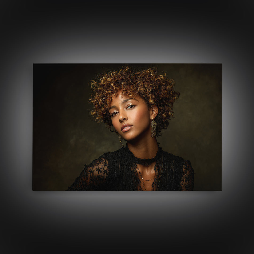 Curly Hair Portrait Framed Canvas Print, Hair Salon Art, Afrocentric Art, Living Room Decor, Fine Art, Style, Statement Artwork, HSA-3x2-19