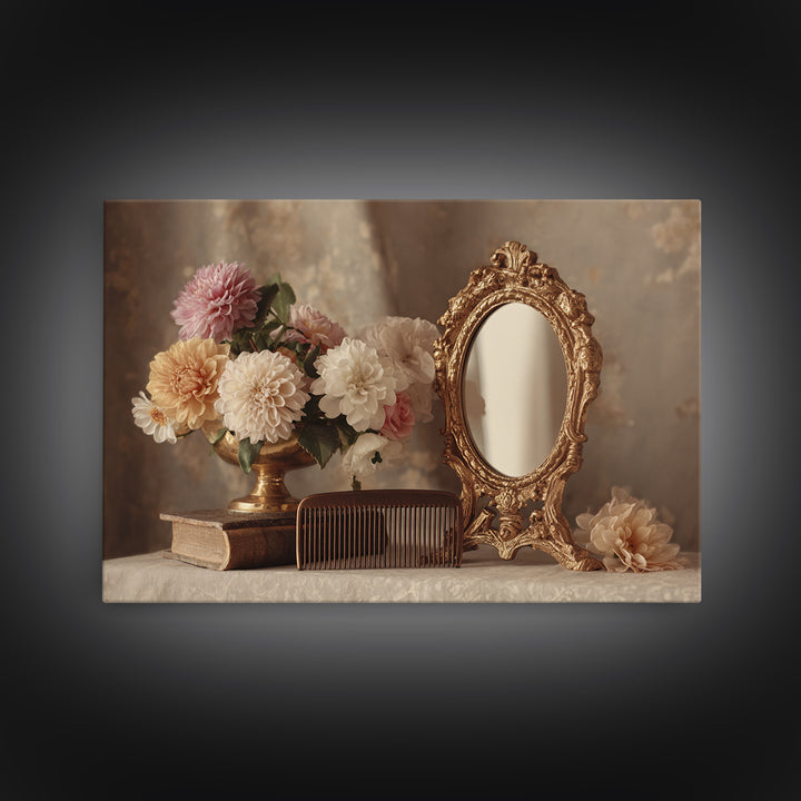 Baroque Mirror and Comb Still Life Canvas Print, Hair Salon Art, Black Owned Art, Living Room Decor, Fine Art, Style, HSA-3x2-21