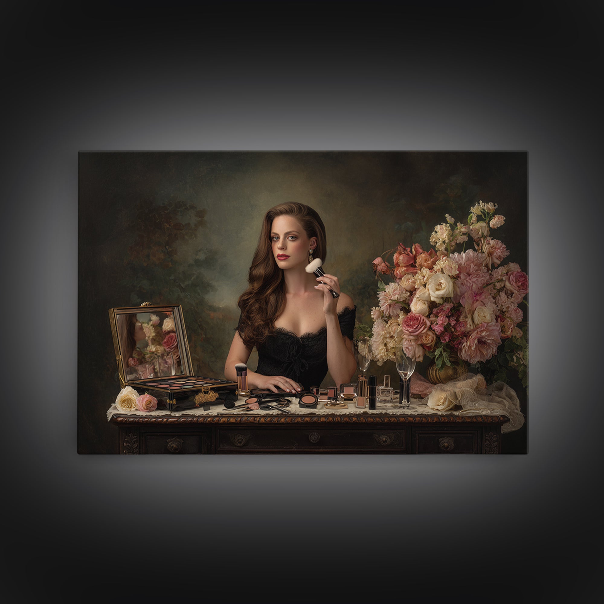 Makeup Palette and Flowers Arrangement Canvas Print, Hair Salon Art, Black Art, Living Room Decor, Watercolor Art, Style, HSA-3x2-22