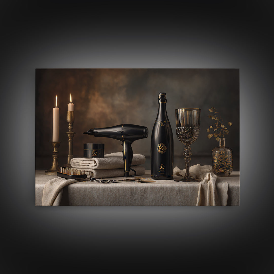 Luxury Black and Gold Beauty Emblem Framed Canvas Print, Hair Salon Art, Black Wall Art, Living Room Decor, Fine Art, Style, HSA-3x2-28