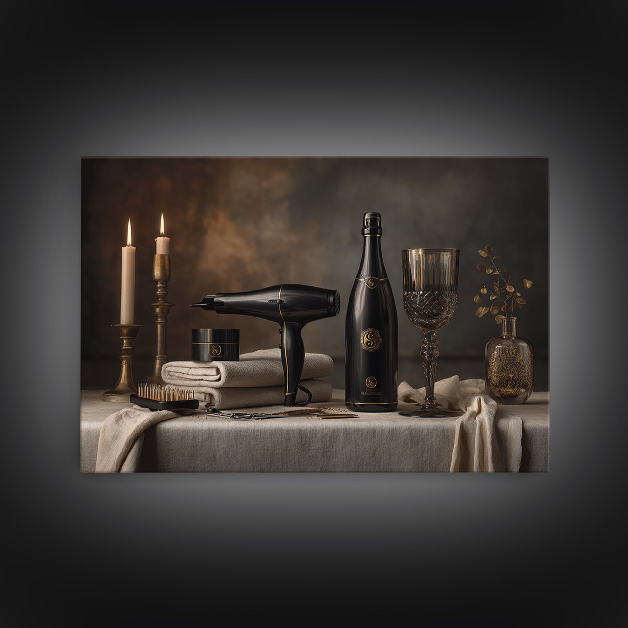 Luxury Black and Gold Beauty Emblem Framed Canvas Print, Hair Salon Art, Black Wall Art, Living Room Decor, Fine Art, Style, HSA-3x2-28