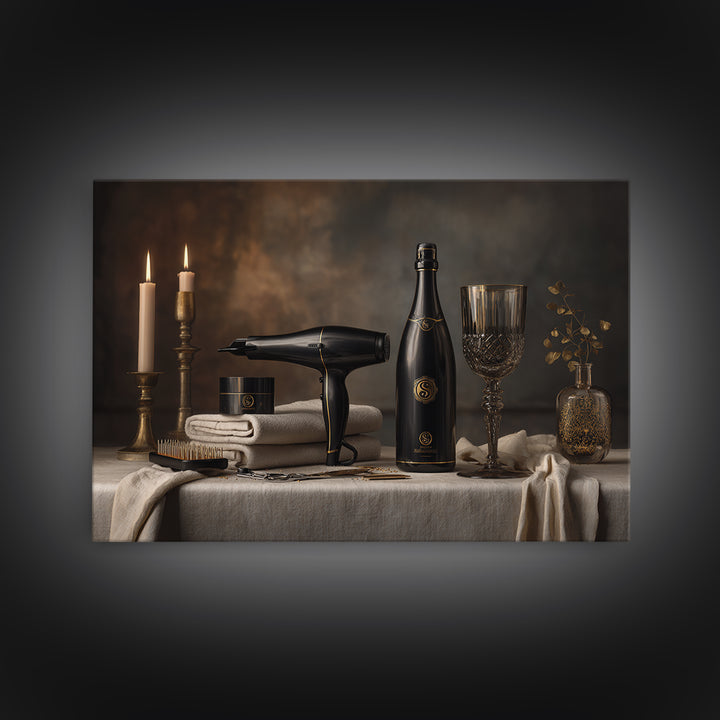 Luxury Black and Gold Beauty Emblem Framed Canvas Print, Hair Salon Art, Black Wall Art, Living Room Decor, Fine Art, Style, HSA-3x2-28