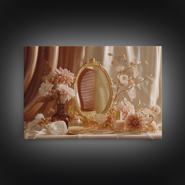 Baroque Mirror and Comb Still Life Framed Canvas Print, Hair Salon Art, Afrocentric Art, Living Room Decor, Fine Art, Style, HSA-3x2-45
