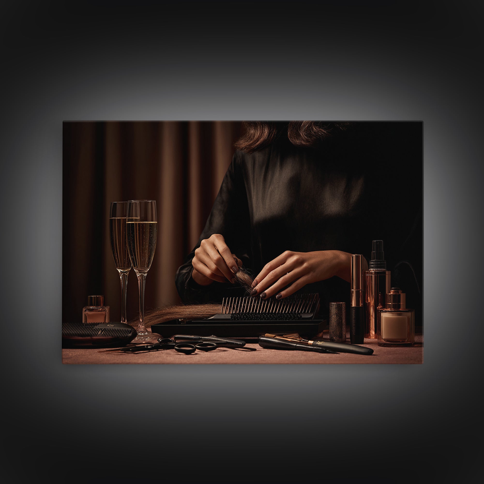 Elegant Hands Styling Hair Framed Canvas Print, Hair Salon Art, African Art, Living Room Decor, Oil Painting, Style, HSA-3x2-50
