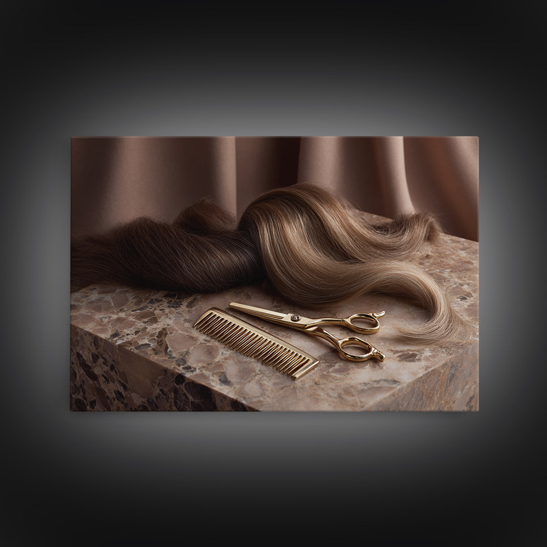 Gold Scissors and Comb Still Life on Framed Canvas Print, Hair Salon Art, Black Wall Art, Living Room Decor, Fine Art, Style, HSA-3x2-6