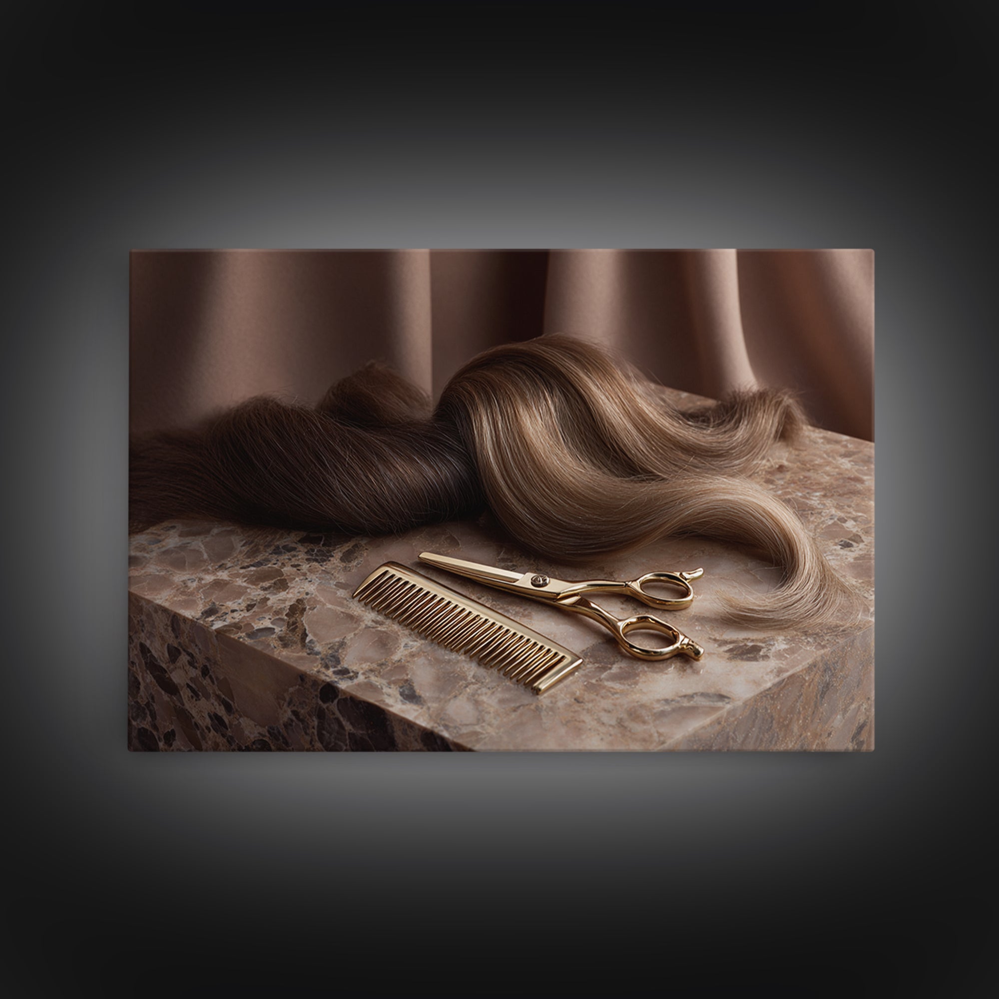 Gold Scissors and Comb Still Life on Framed Canvas Print, Hair Salon Art, Black Wall Art, Living Room Decor, Fine Art, Style, HSA-3x2-6