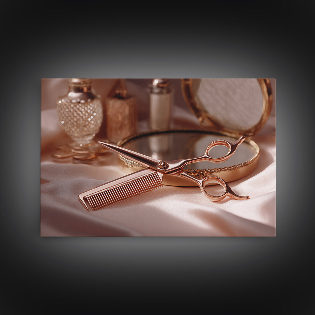 Rose Gold Salon Tool Still Life Canvas Print, Hair Salon Art, African American Art, Living Room Decor, Fine Art, Style, HSA-3x2-66
