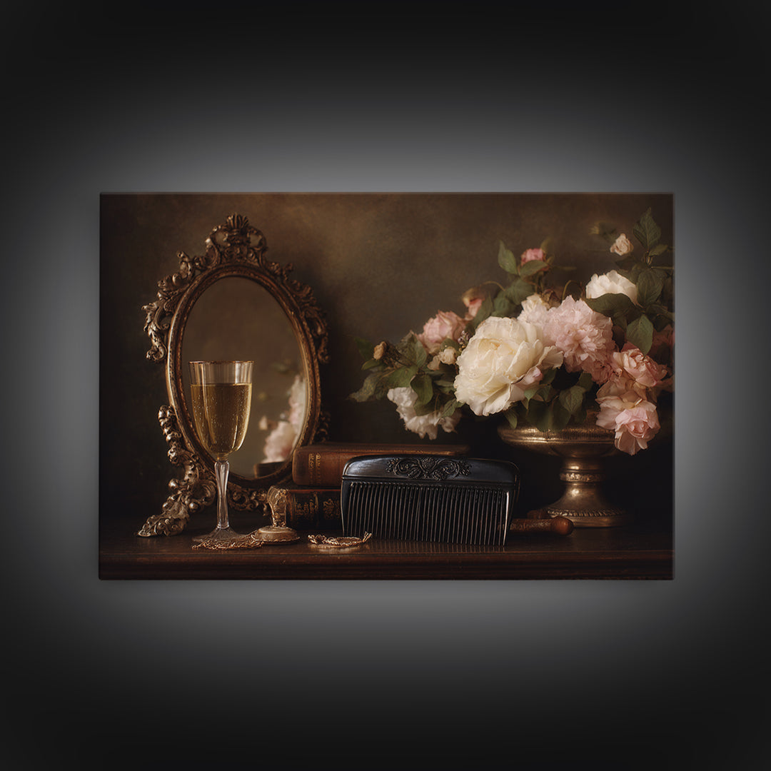 Baroque Mirror and Comb Still Life Framed Canvas Print, Hair Salon Art, Afrocentric Art, Living Room Decor, Fine Art, Style, HSA-3x2-69