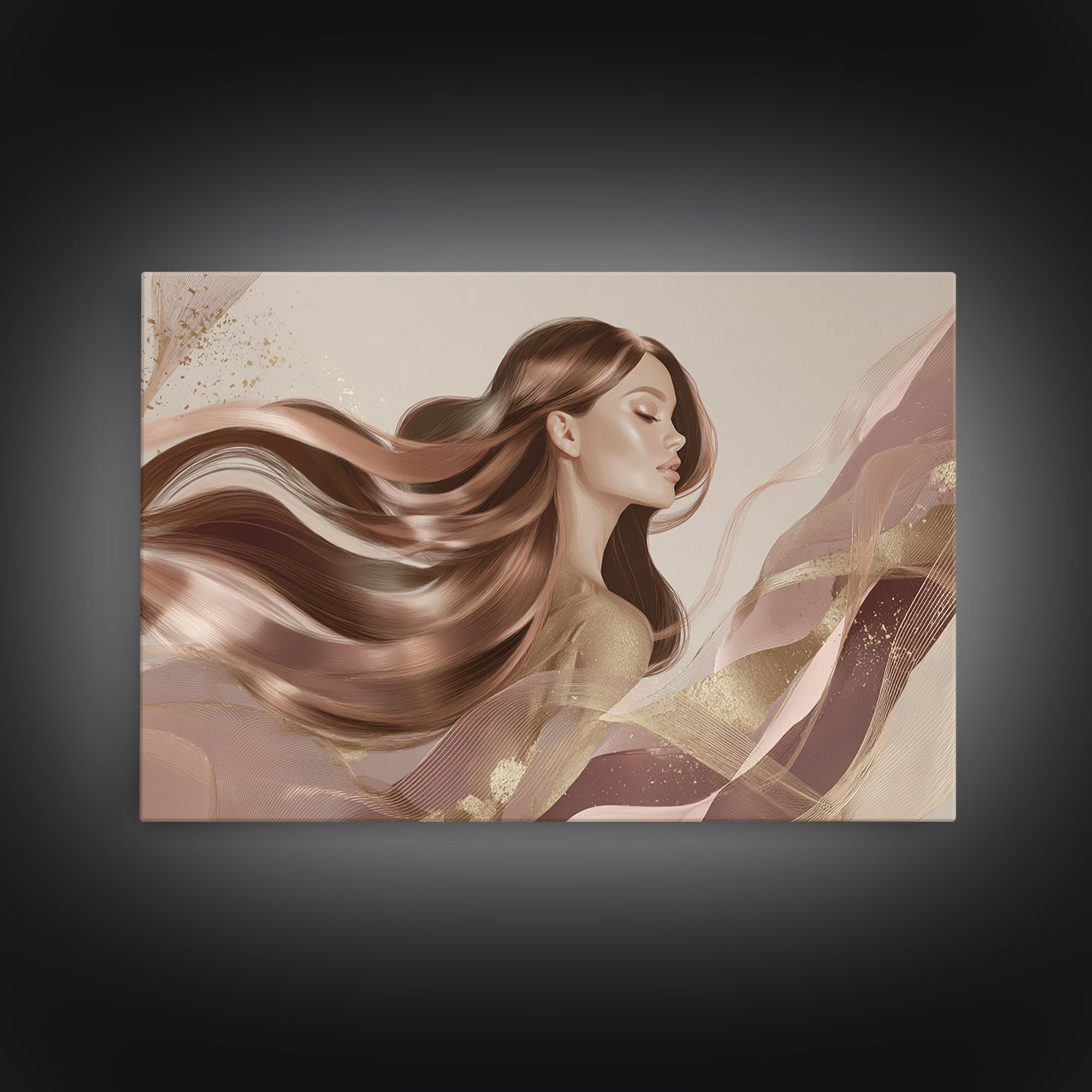Fashion Portrait with Flowing Glossy Hair Framed Canvas Print, Hair Salon Art, Living Room Decor, Oil Painting, Style, HSA-3x2-77