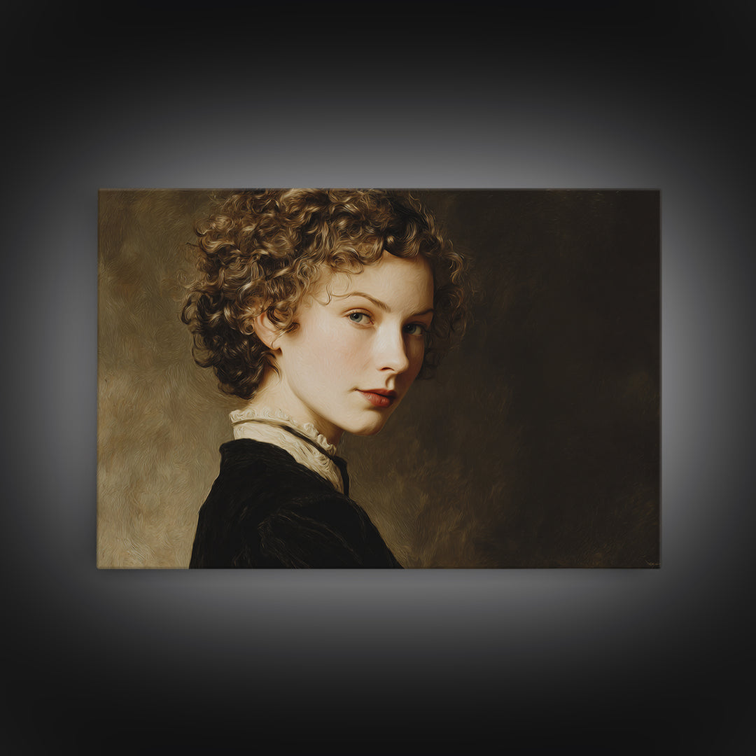 Curly Hair Portrait Framed Canvas Print, Hair Salon Art, Art, Living Room Decor, Oil Painting, Style, Black Art Prints, HSA-3x2-91