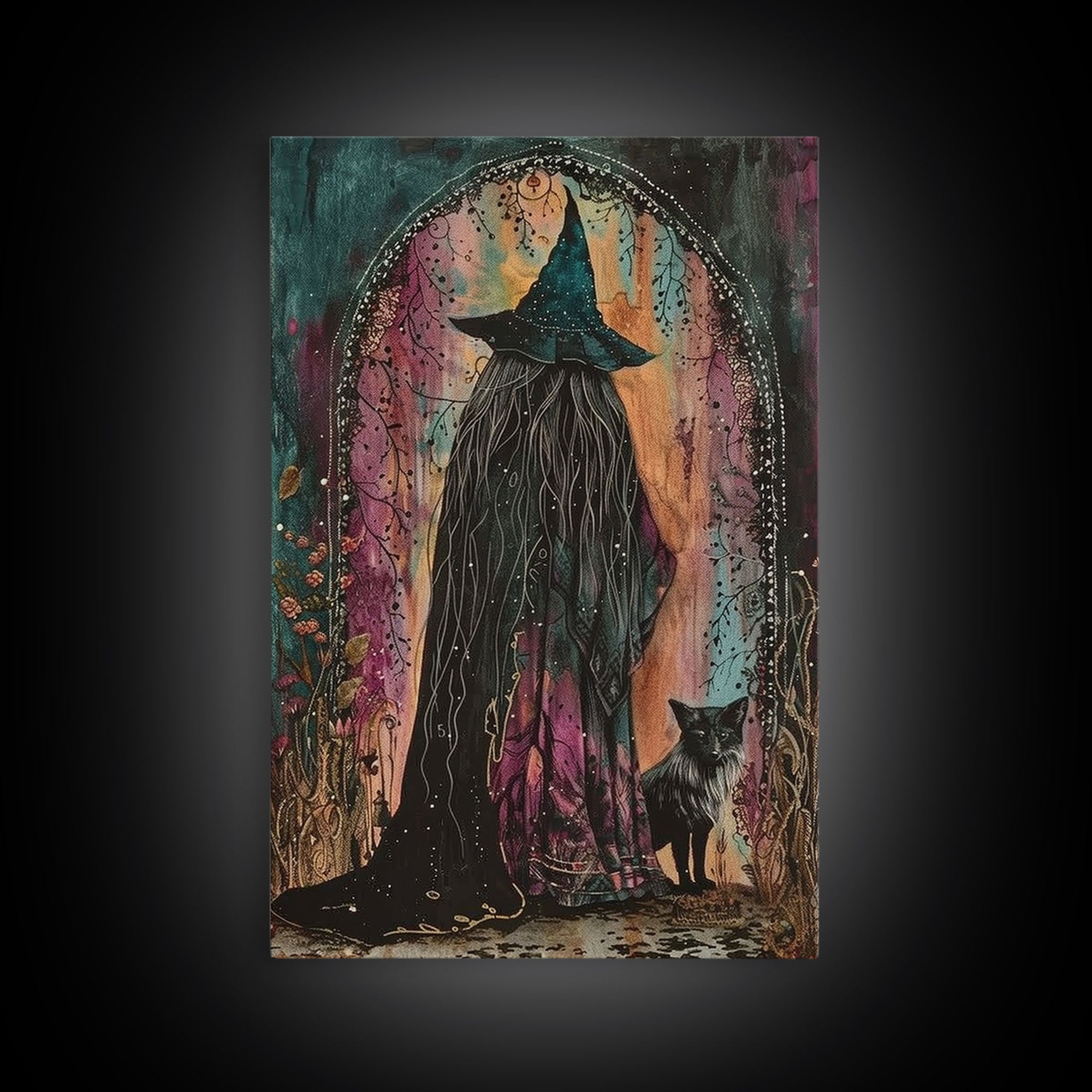 Cottage Core Witch Framed Canvas Print, Springtime Witch, Halloween Art, Halloween Decor, Colorful Halloween Witch Decor Wall Art