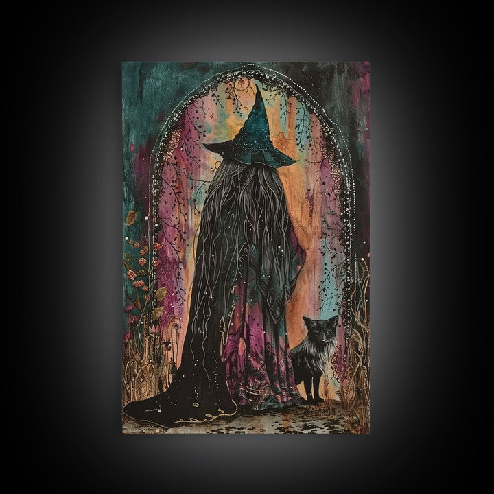 Cottage Core Witch Framed Canvas Print, Springtime Witch, Halloween Art, Halloween Decor, Colorful Halloween Witch Decor Wall Art