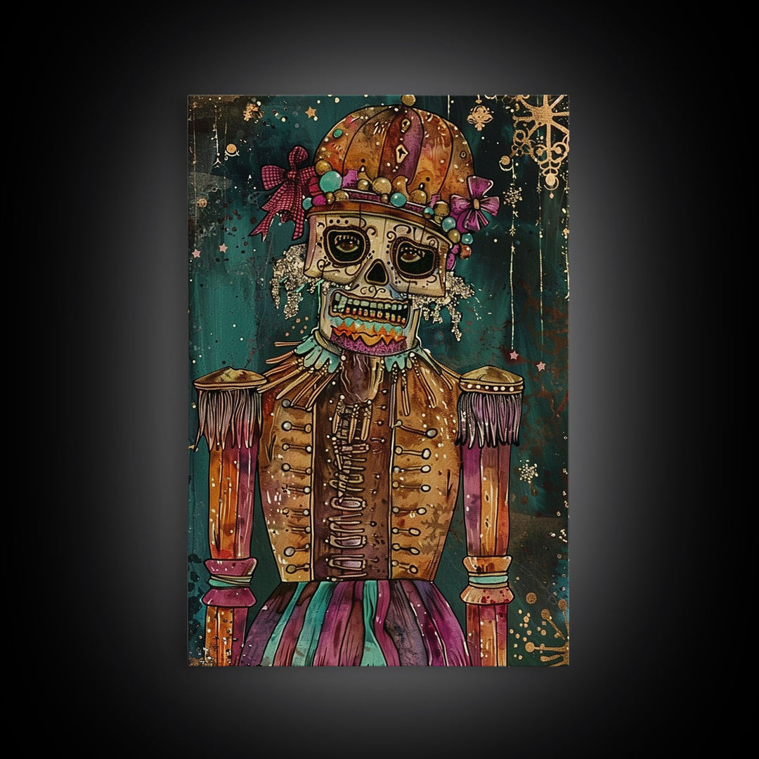 Skeleton Nutcracker in Festive Attire Framed Canvas Print, Halloween Nutcracker Decor, Spooky Art, Haunted Toy Wall Art, Nutcracker Print