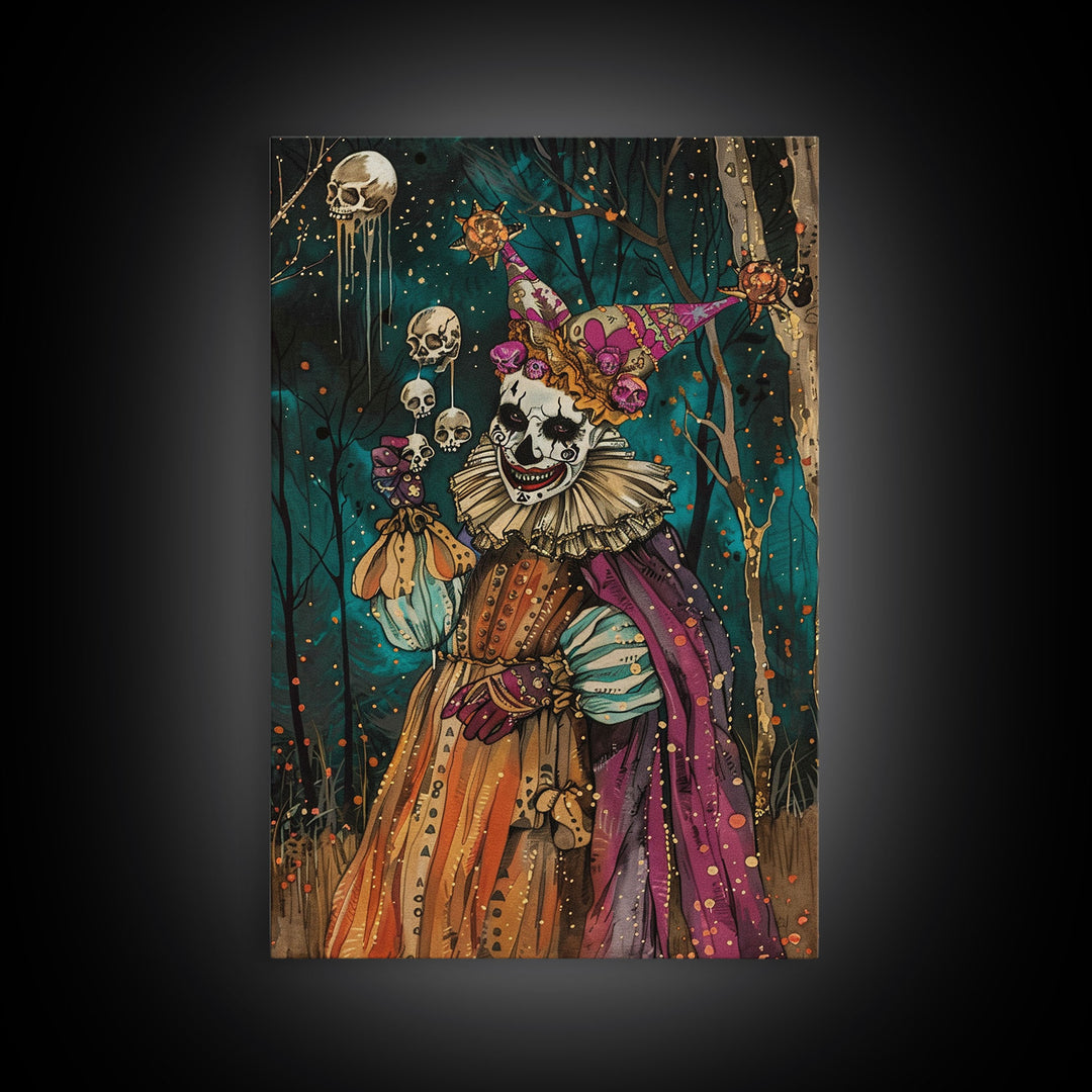 Halloween Sinister Clown in Dark Forest Framed Canvas Print, Creepy Wall Art, Home Decor, Horror Decor, Gift Idea, Spooky Carnival